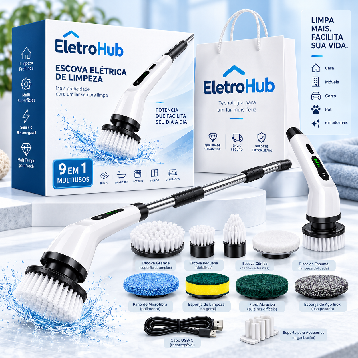 Kit completo do esfregador elétrico com caixa, sacola e acessórios